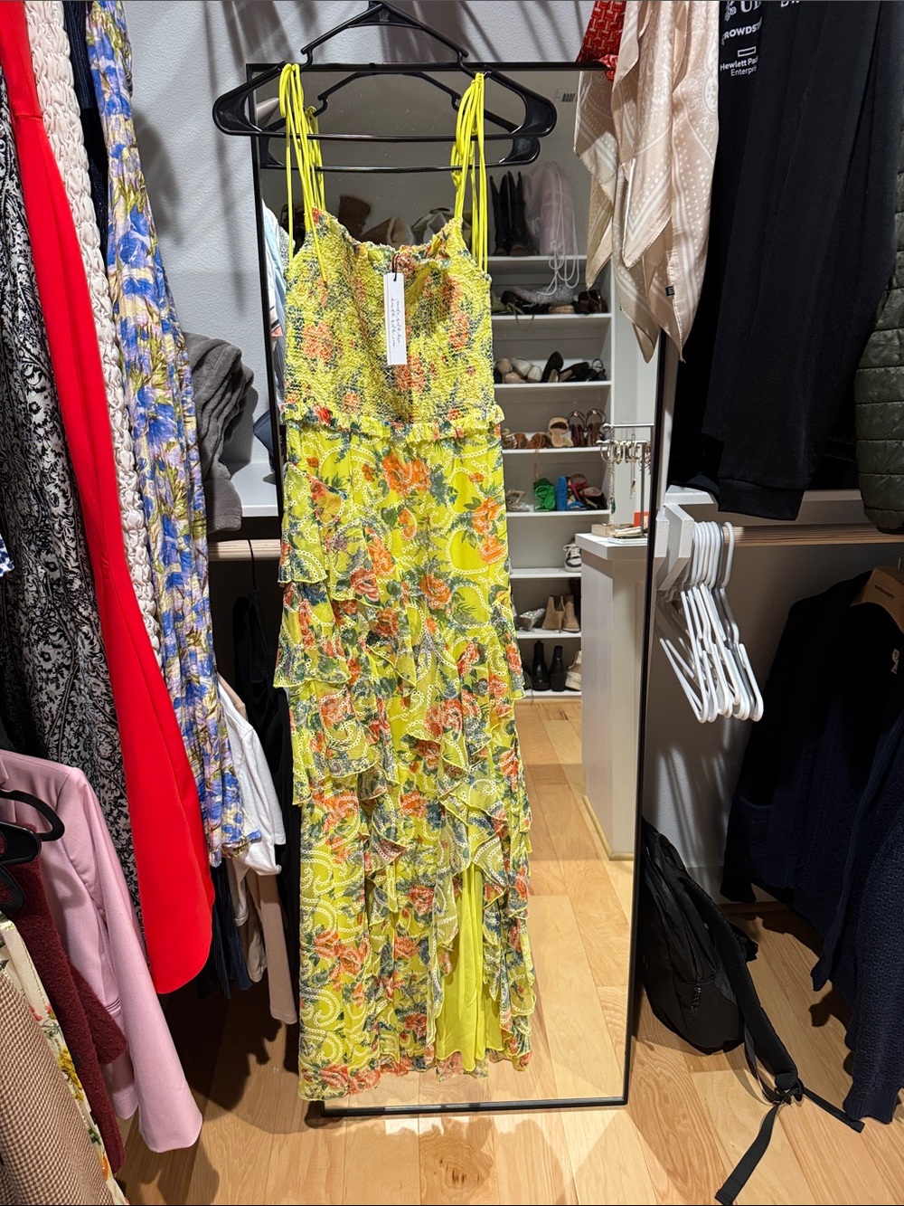 Alice + Olivia Neon Yellow Floral Ruffle Tie-Shoulder Maxi Dress - Picture 4 of 4